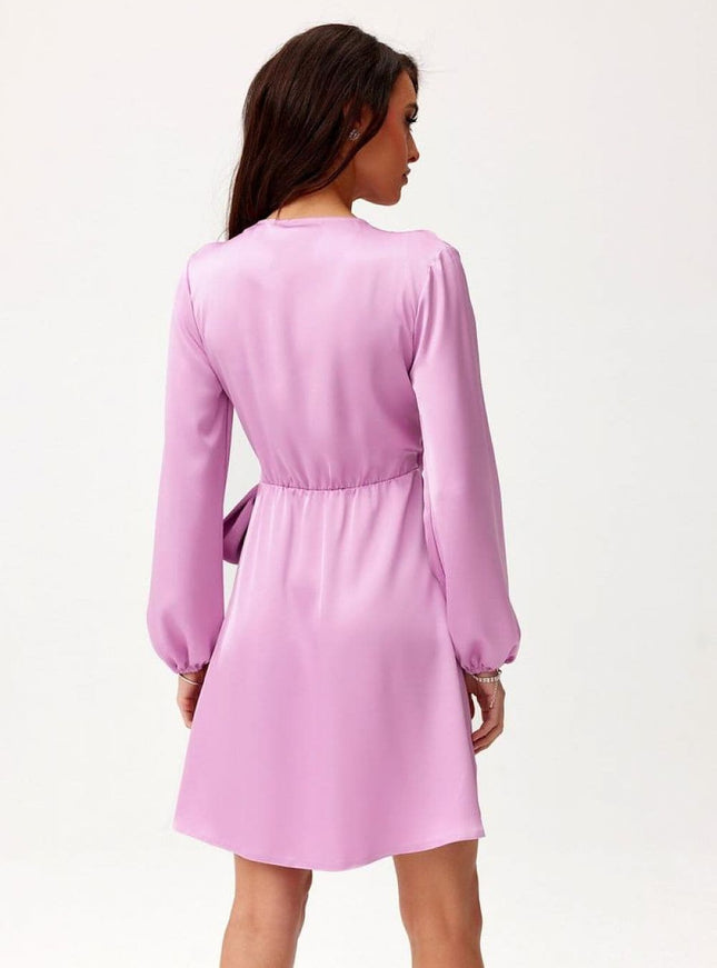 Robe soirée rose manches longues midi élégante pour cocktail ou événement chic.