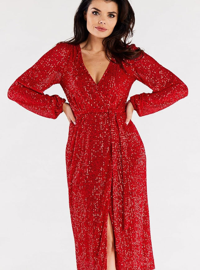 Robe soirée rouge paillette midi manches longues et décolleté V pour cocktail ou nouvel an.