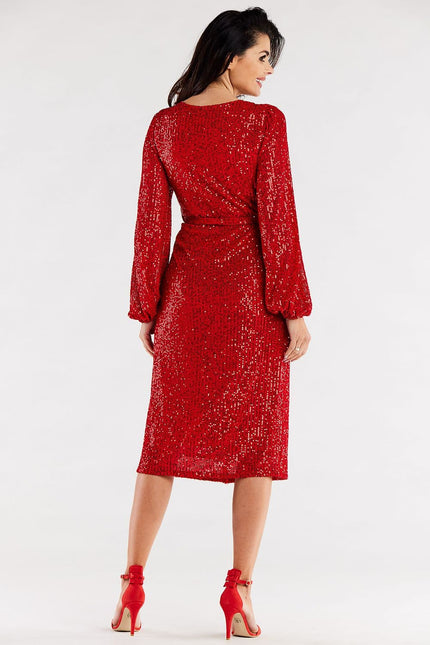 Robe soirée rouge paillette midi manches longues élégante, idéale pour cocktail ou nouvel an.