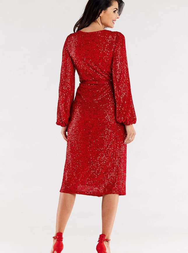 Robe soirée rouge paillette midi manches longues élégante, idéale pour cocktail ou nouvel an.