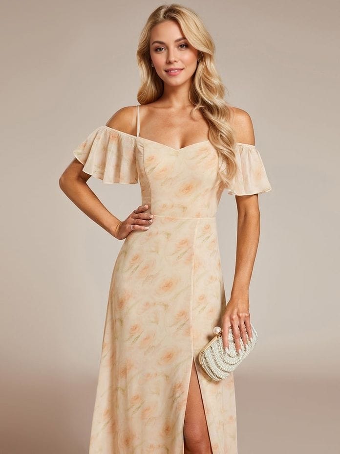 Robe pour invitée au mariage longue fendue motif fleuri