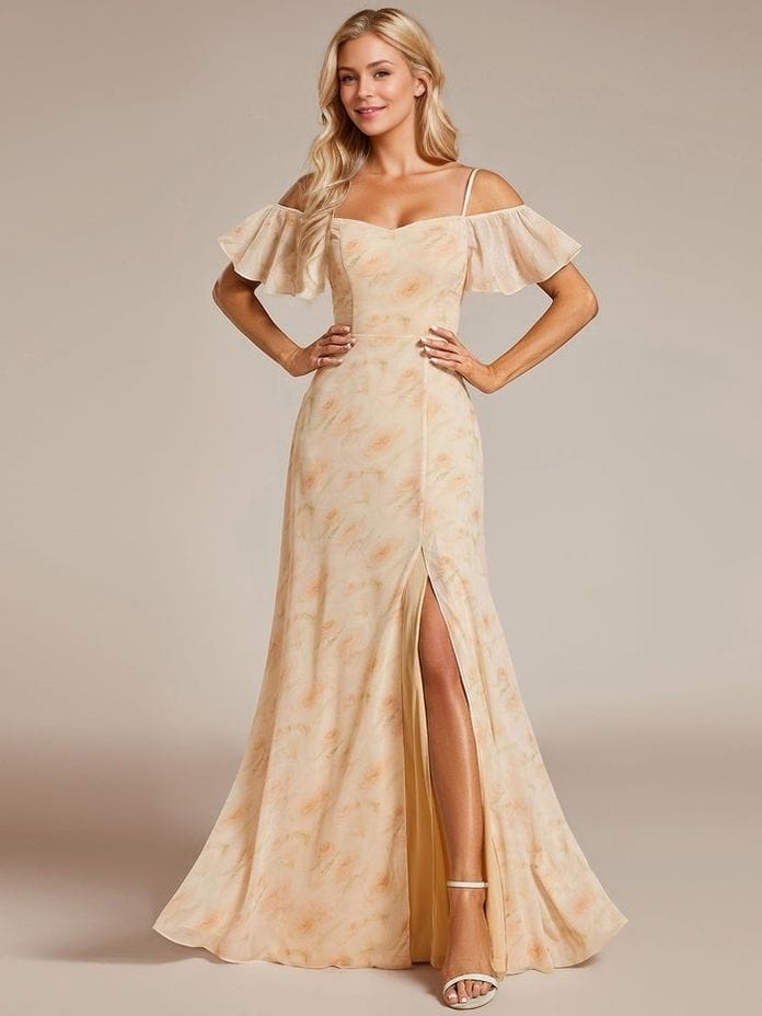 Robe pour invitée au mariage longue fendue motif fleuri