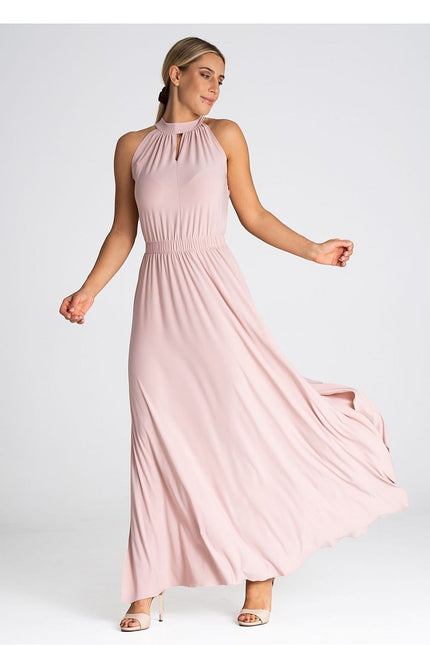 Robe rose longue élégante pour soirée chic, sans manches, silhouette fluide, idéale pour mariage invité.