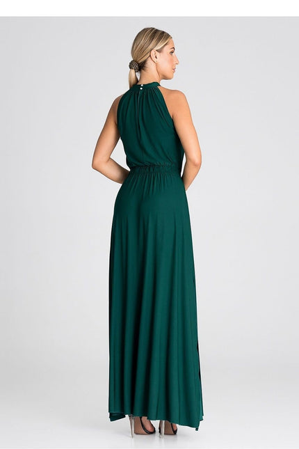 Robe soirée chic verte longue sans manches pour femme, silhouette trapèze idéale pour gala.