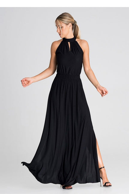 Robe noire longue élégante pour soirée, style dos nu, sans manches parfait pour gala ou mariage.