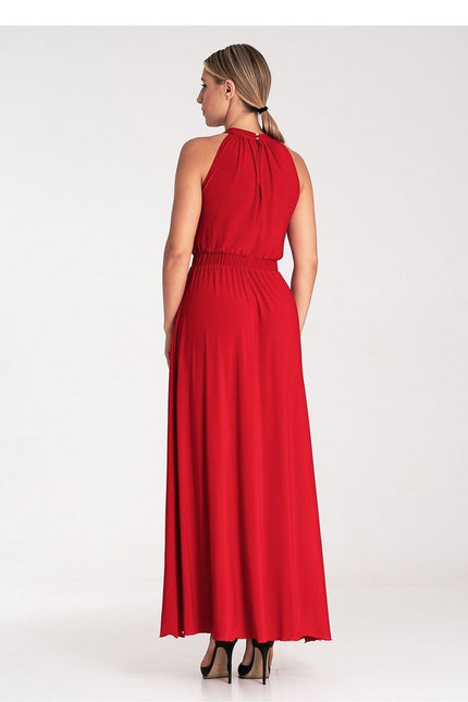 Robe de soirée grande taille rouge longue avec dos nu, élégante pour cocktail ou mariage.