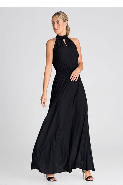 Robe noire longue soirée chic sans manches avec col montant pour femme, idéale pour gala ou cocktail.