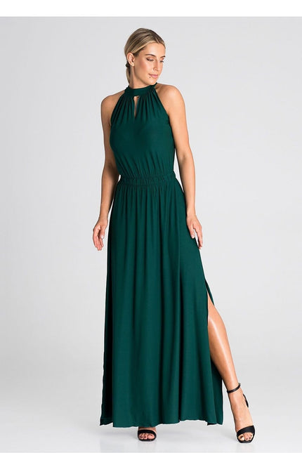 Robe verte longue soirée chic, sans manches avec fente, col montant pour gala ou mariage.