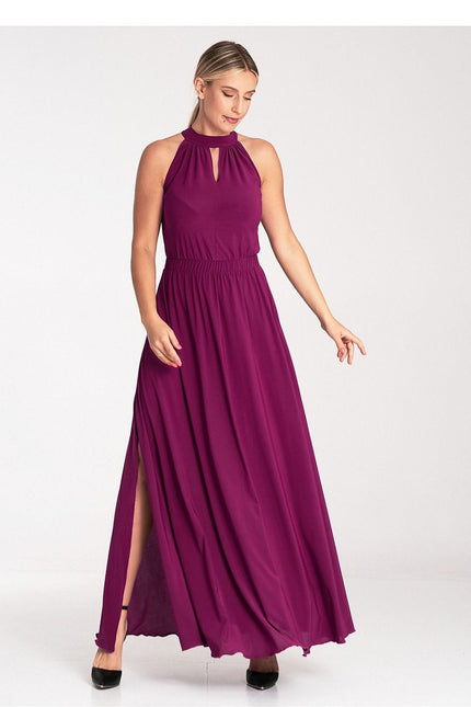 Robe longue bordeaux élégante pour gala, soirée chic avec silhouette trapèze et sans manches