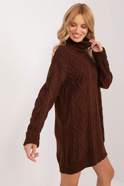 Robe pull marron à manches longues et col roulé pour un style décontracté en hiver.