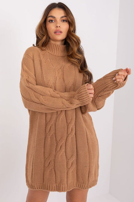 Robe pull marron à manches longues et col roulé, style décontracté, parfaite pour l'hiver.