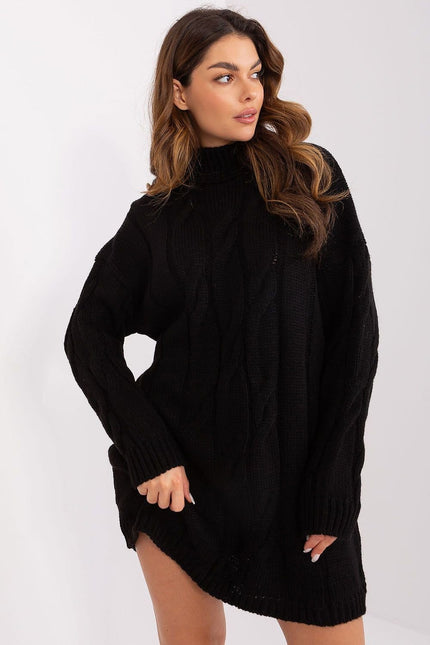 Robe pull noire manches longues hiver femme, col roulé, confortable et chic.