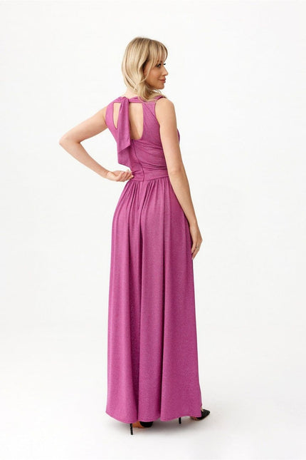 Robe violette soirée paillette fendue longue sans manches, élégante pour occasions spéciales, avec noeud délicat.