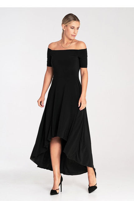 Robe noire soirée chic midi avec manches courtes et épaules dénudées, parfaite pour cocktail ou gala.