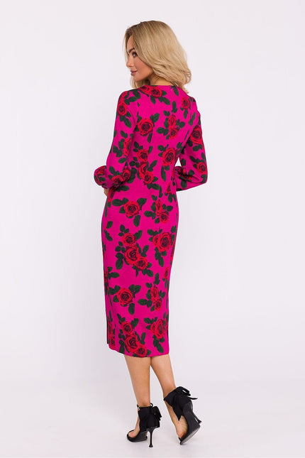 Robe midi soirée chic rose à motifs floraux noirs manches longues pour femme.