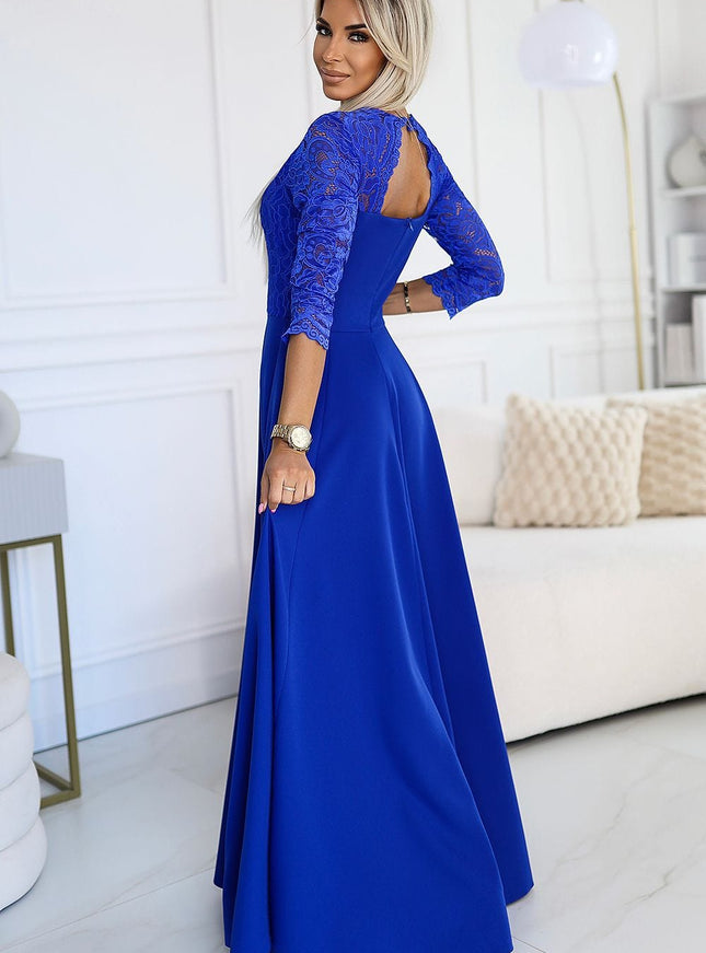 Robe de soirée longue fendue haut en dentelle