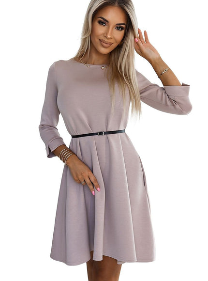 Robe habillée beige courte évasée manches 3/4