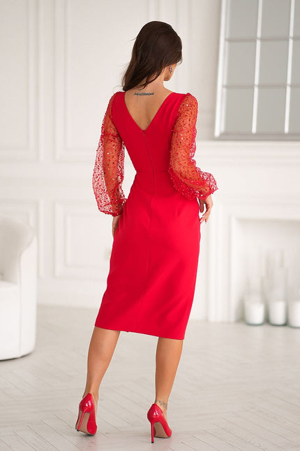 Robe de soirée chic rouge drapée manches longues