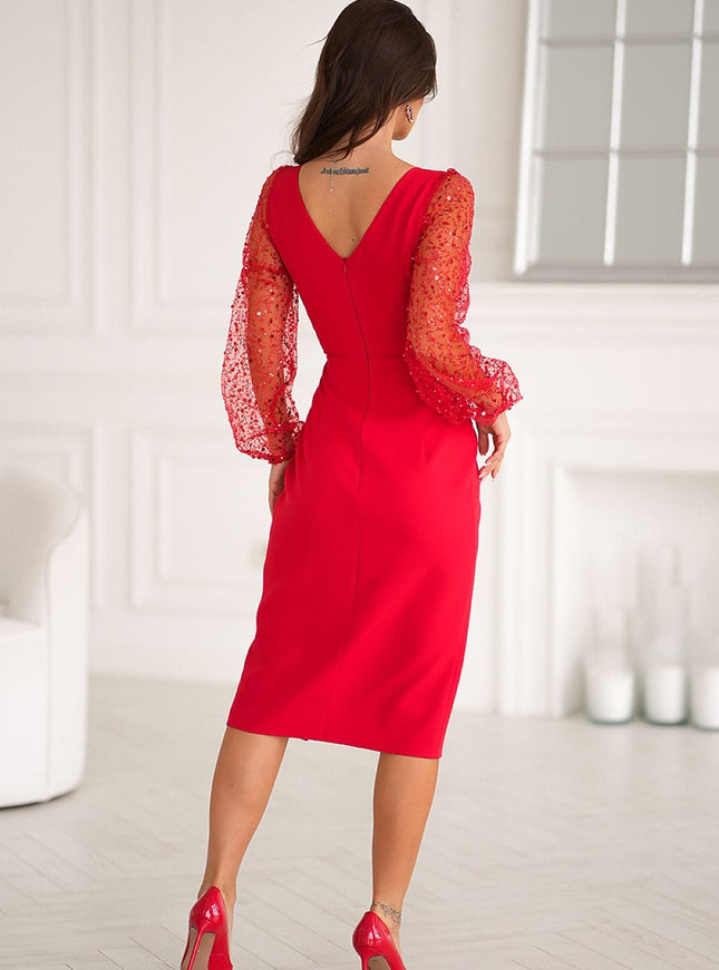 Robe de soirée chic rouge drapée manches longues