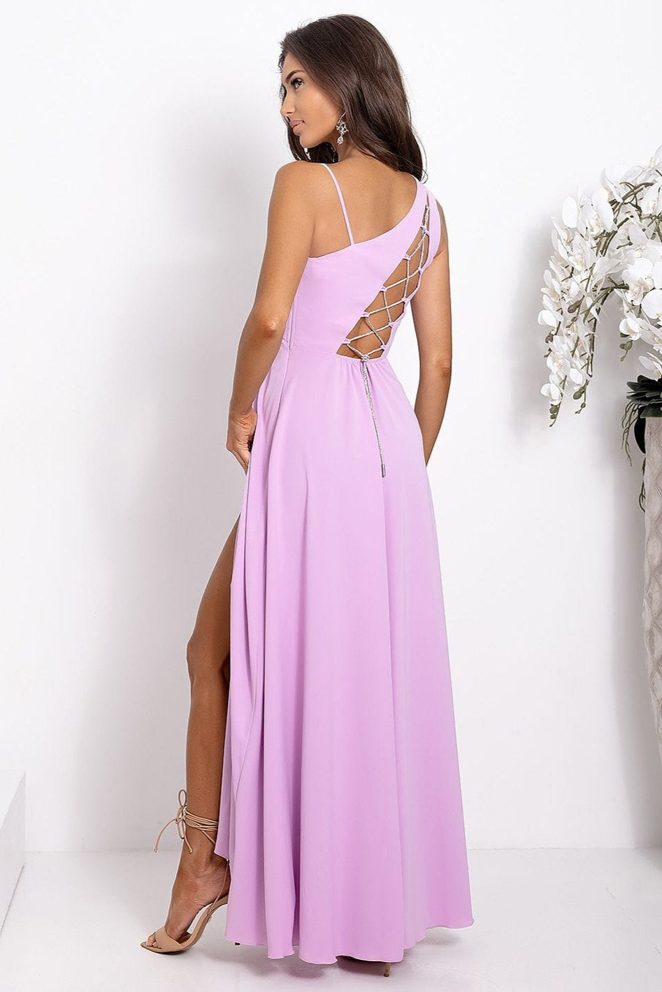robe demoiselle d'honneur chic longue fendue pour mariage invité chic couleur rose poudré élégante