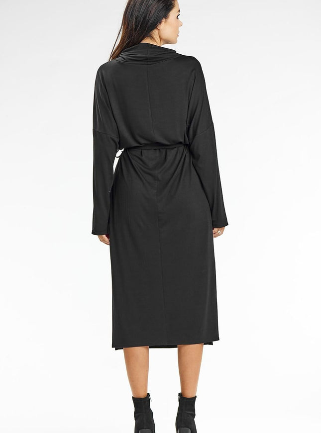 Robe noire midi chic pour soirée, manches longues, ceinturée, idéale cocktail ou gala.