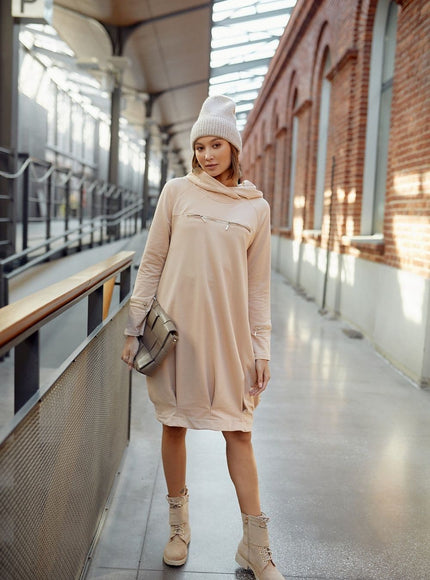 Robe sweat beige casual midi à manches longues pour un style décontracté et confortable