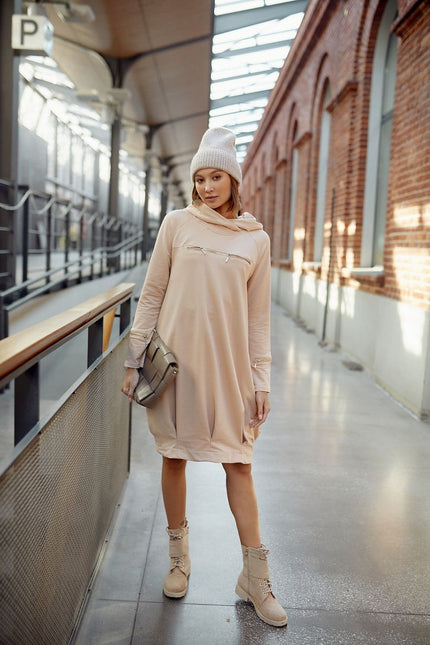 Robe sweat beige casual midi à manches longues pour un style décontracté et confortable