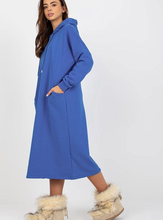 Robe pull bleue casual à manches longues pour un look quotidien confortable et tendance.