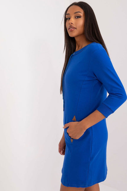 Robe sweat bleue casual midi à manches longues pour femme, idéale pour un look quotidien confortable et tendance.