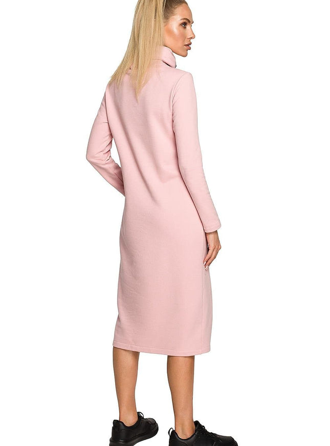 Robe rose casual midi à manches longues, col montant, pour un style quotidien simple et confortable.