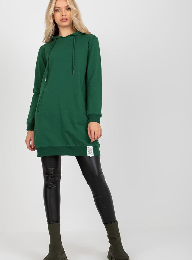 Robe pull verte midi casual avec manches longues et capuche pour un look décontracté quotidien.