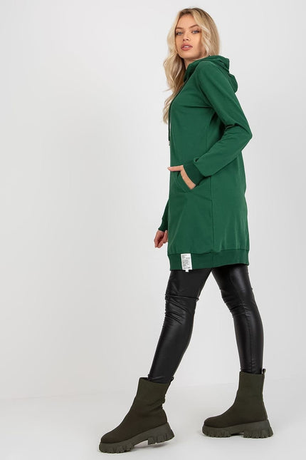 Robe pull verte midi casual pour un look décontracté et tendance, manches longues et capuche, idéale pour un style quotidien.