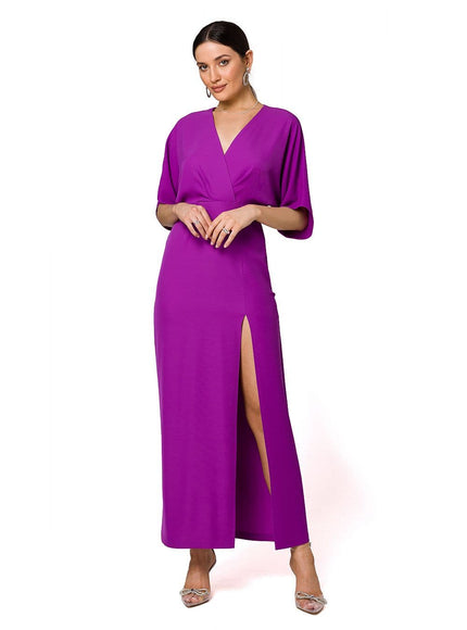 Robe soirée chic violette midi à fente élégante et manches courtes pour femme, idéale pour cocktail ou événement.